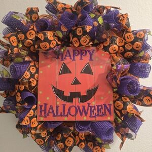 Halloween Pumpkin Wreath with Purple and Orange Ribbons